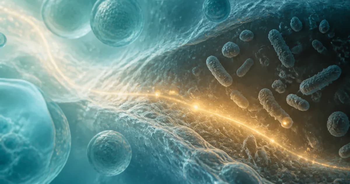 산소가 적은 환경의 미생물과 치료 경로를 추상적으로 표현한 메트로니다졸 대표 이미지